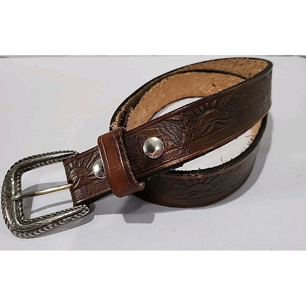 Brown Leather Belt Embossed Western Design Sunrise Bird In Flight Landscape